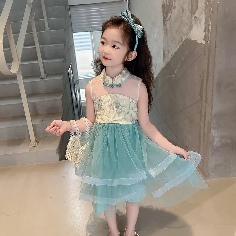 Girls' Dress2024Summer New Western Style Baby Girl New Chinese Style Buckle Children Sleeveless Umbrella Princess Dress