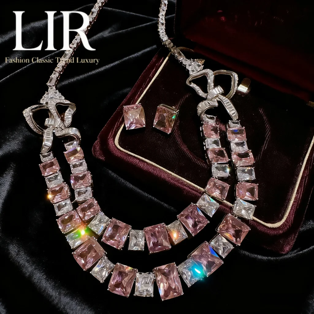 

LIR Austrian Court Retro Necklace: Bow Gem Argyle Pink Zircon Double-Layer, Custom High-End Luxury for Women