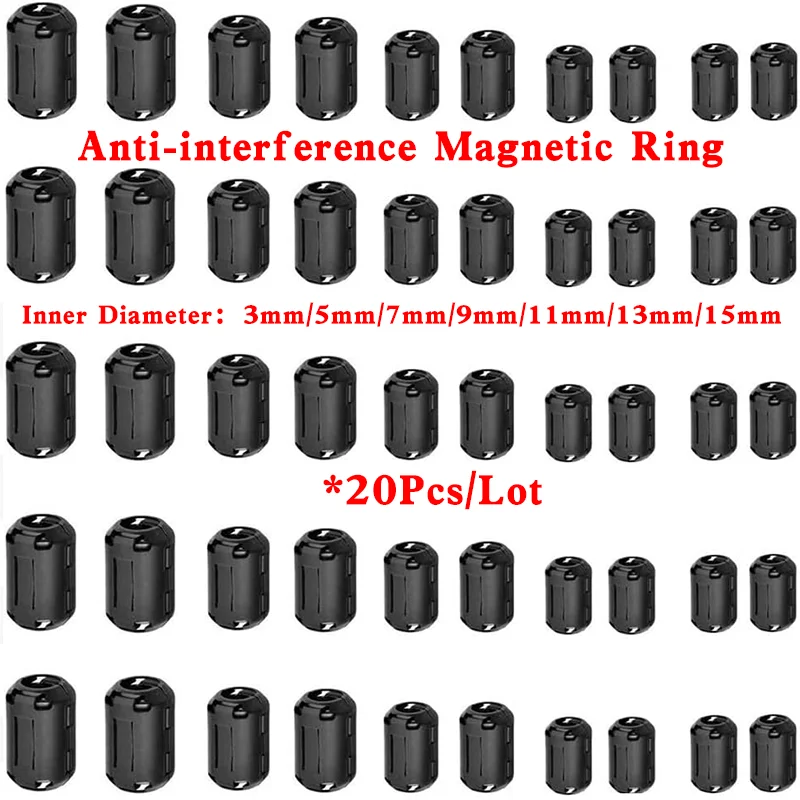 20Pcs 3.5/5/7/9/13/15mm Ring Core Ferrite Bead Clamp Choke Coil EMI RFI Noise Filter Clip Snap Cable for Black Magnetic Snap-on