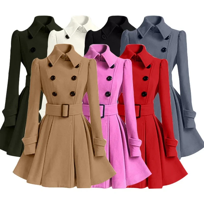 Winter Women Woolen Coat Windbreaker Multicolor Belt Bandage Top White Wool Blend Girls Dress Jacket Thick Ladies Tops