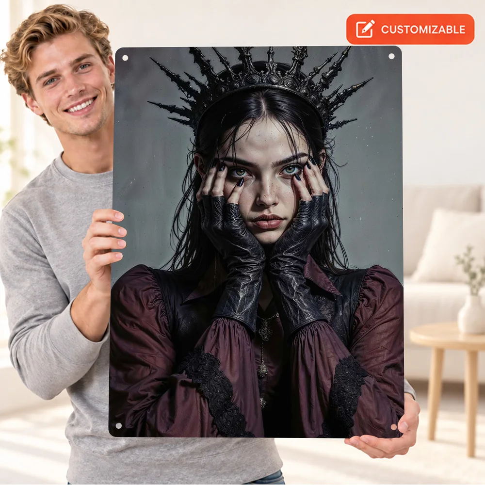 Goth Queen Spiked Crown Textured Metal Poster Personalized Aluminum Sign Gothic Digital Portrait Wall Art In Home Reading Corner