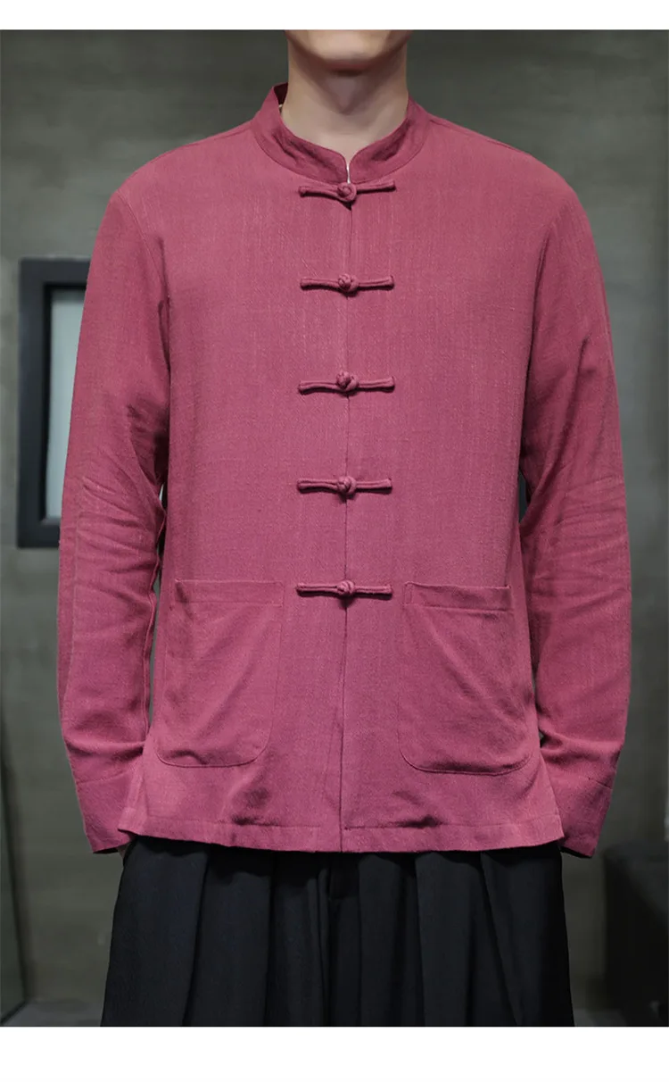 Nova camisa masculina de linho estilo chinês com gola retrô, casual e leve, de manga comprida, com estilo de rua asiático.