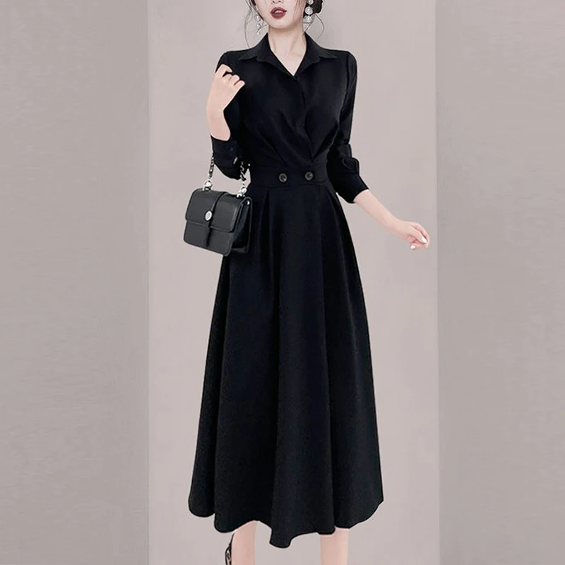 Spring Autumn Solid Color Midi Dress Women POLO Collar Long Sleeve Fashion Dresses Elegant Button High Waist Vintage Vestidos