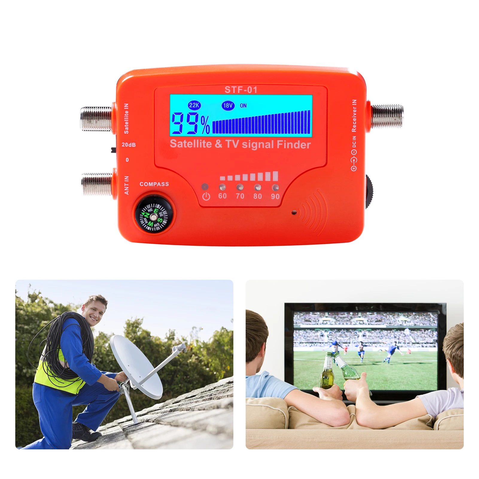 2 in 1 Satellite and TV Signal Finder LCD Digital Satellite Finder TV Antenna Signal Strength Signal Meter with Compass Alarm