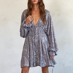 Sexy Deep V High Waist Short Dress Autumn Solid Color Loose Long Sleeved Party Dress Elegant Sequin Pleated Short Dress Vestidos