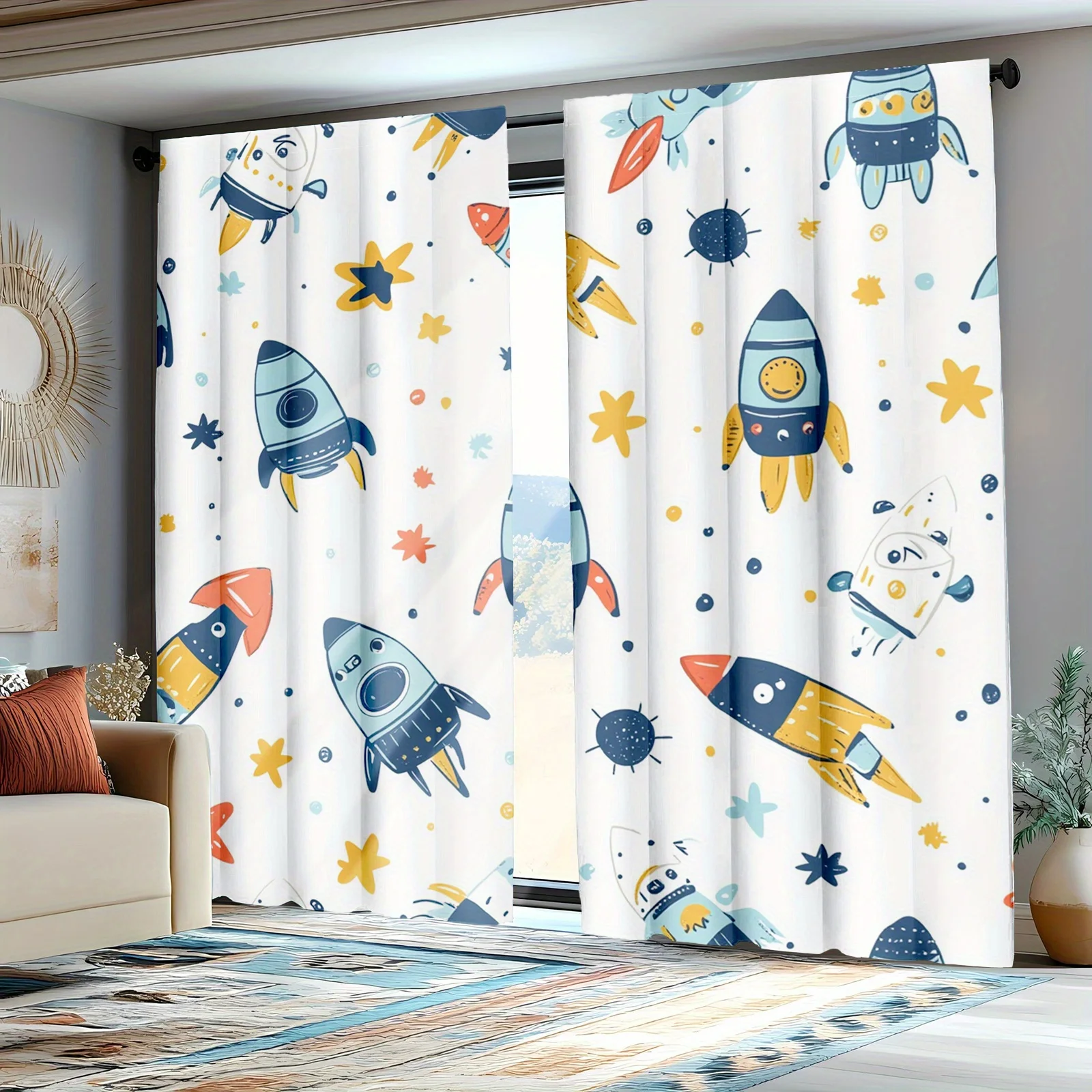2pcs Outer Space Rocket Curtains, Adventure Print with Planets and Stars for Bedroom Decorative curtains