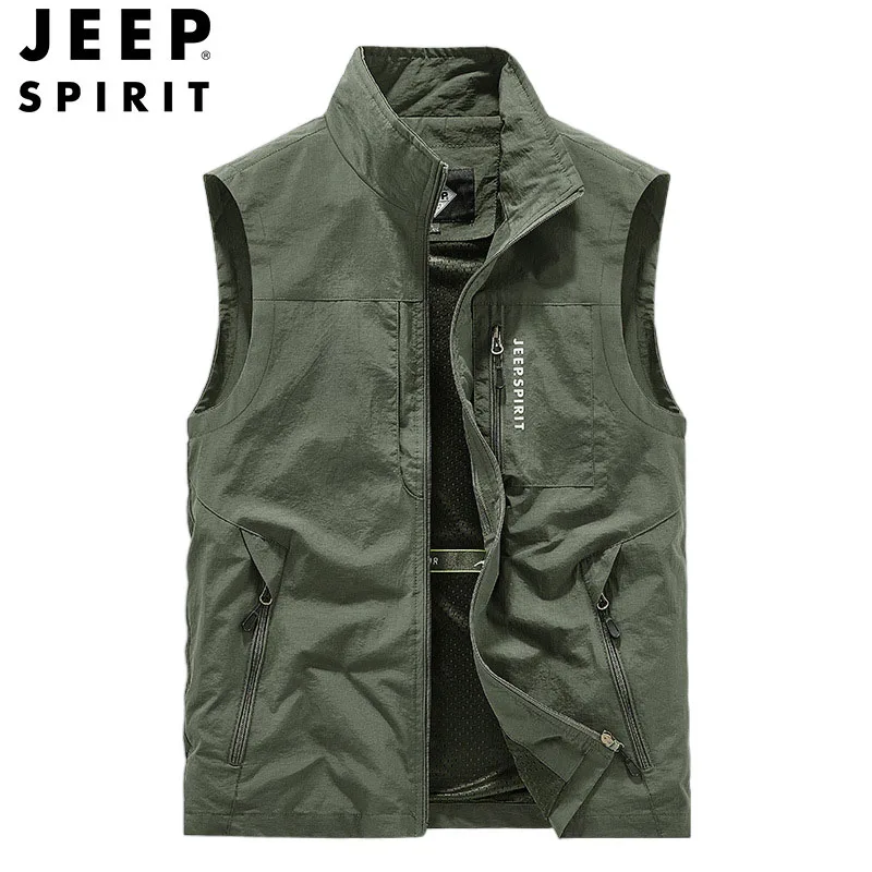 JEEP SPIRIT men fashion multi-bag stand-up collar loose vests youth outdoor camping casual sports comfortable breathable jacket