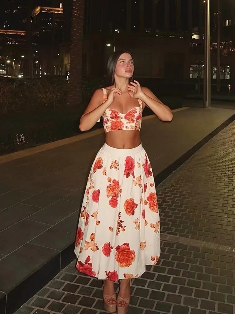 Romantic Floral 2pc Set Elegant Sweet Stylish Bustier Crop Cami Top Midi Skirt Women Beach Vacation Date Summer Outfits image 5