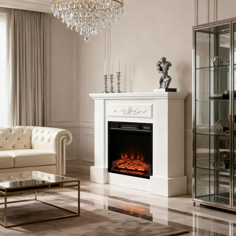 Elegant Electric Fireplace with Floral Design - Realistic Flame Effect Heater for Cozy Home Ambiance
