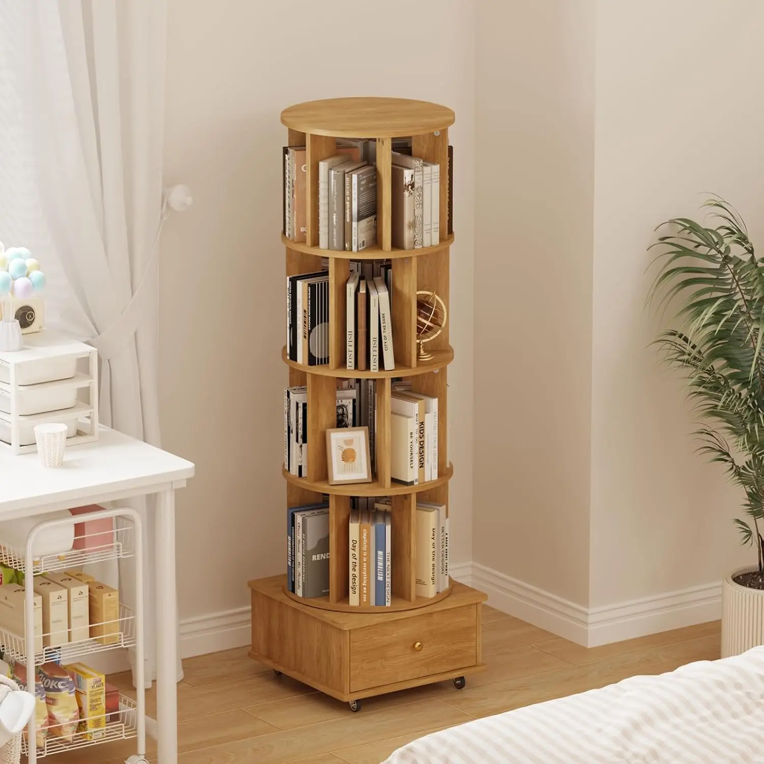 Rotating Bookshelf Drawers Wheels 360 Spinning Corner Bookcase Solid Wood Storage Tower Organizer Bedroom Home Office,Customized