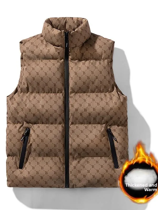 Unisex Loose Fit Stand Collar down Cotton Vest Autumn Winter Printed Sleeveless Jacket Youthful Vitality Style Thickened Warmth