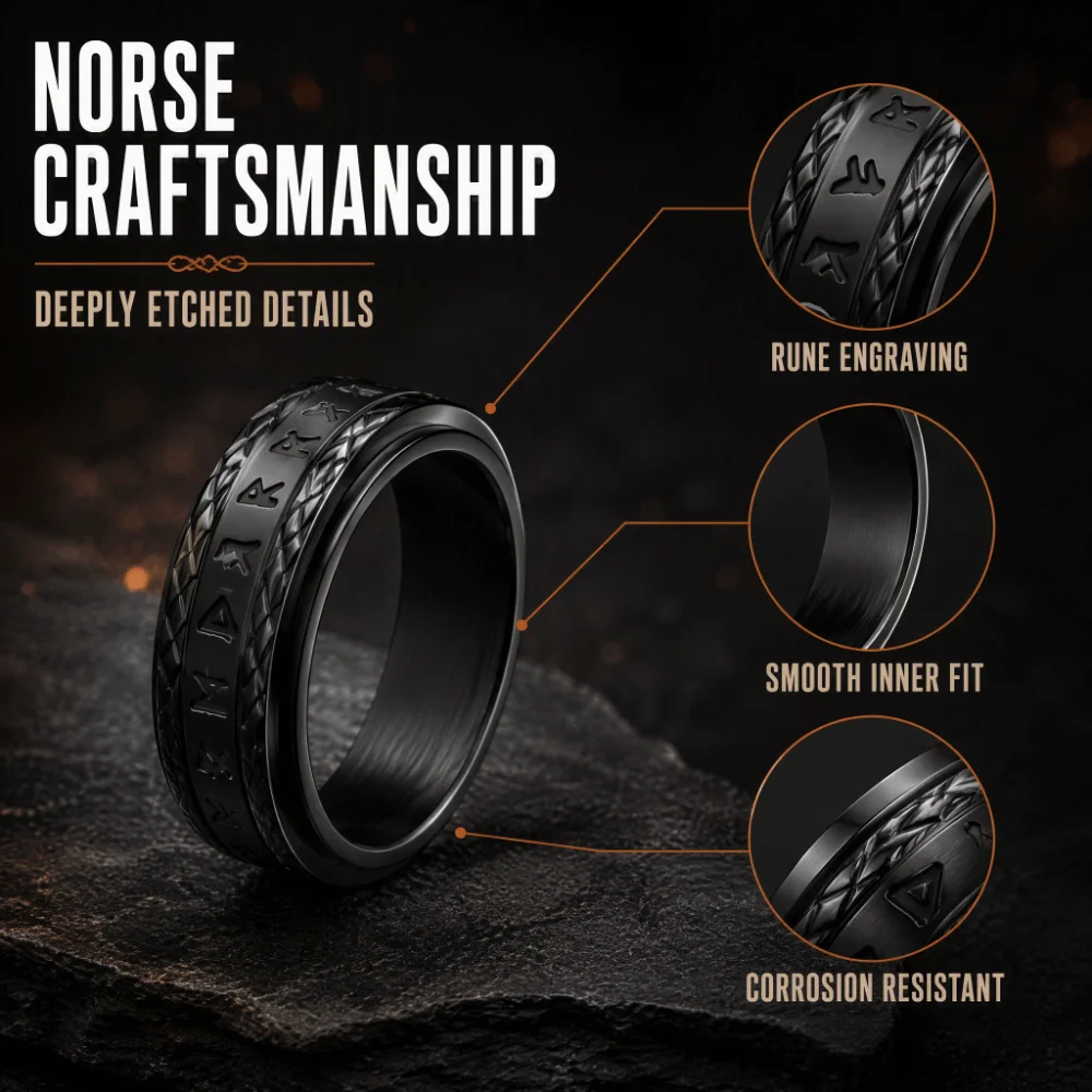 Stylish Rotatable Decompress Ring Vintage Titanium Steel Viking Rune Ancient Engraved Ring Spinning Band Waterproof