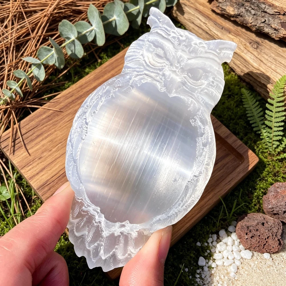 Selenite Owl Charging Bowl, Natural Crystal Cleansing Dish, Hand Carved Quartz Bowl, Healing Crystal Gifts, Energy & Meditation