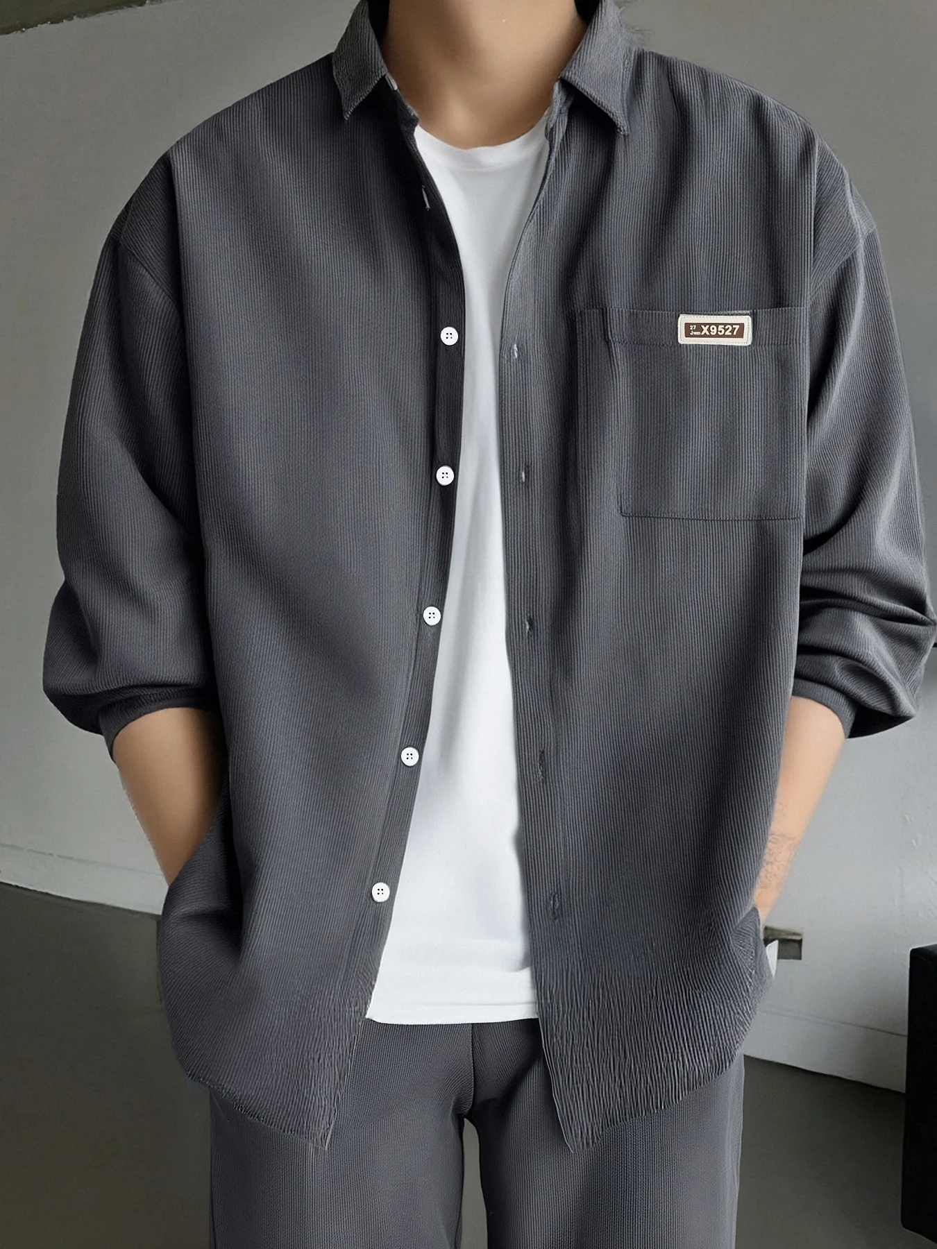 

Men's Fall Winter Corduroy Outfit, Textured Long Sleeve Shirt & Drawstring Wide Leg Pants