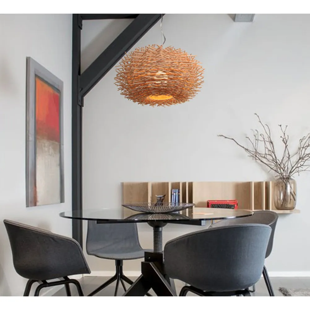 Vintage Pastoral Style Bird's Nest Ceiling Lamp 30cm Rattan Weaving Chandelier Hanging Pendant Light for Restaurant Bar Bedroom