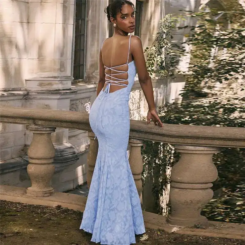 セクシーマーメイドイブニングクラブパーティードレス レディース 2025 夏 スパゲッティストラップ マキシロングドレス エレガント バックレス レースアップ バンデージ ローブ