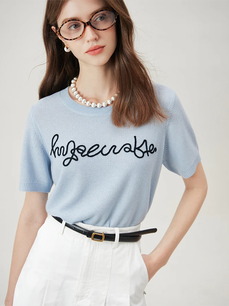 

FSLE Women Summer Knitwear Blue Short Sleeve Female Round Neck Knitted T-Shirts Letter Embroidery Design Women Tees 24FS12889