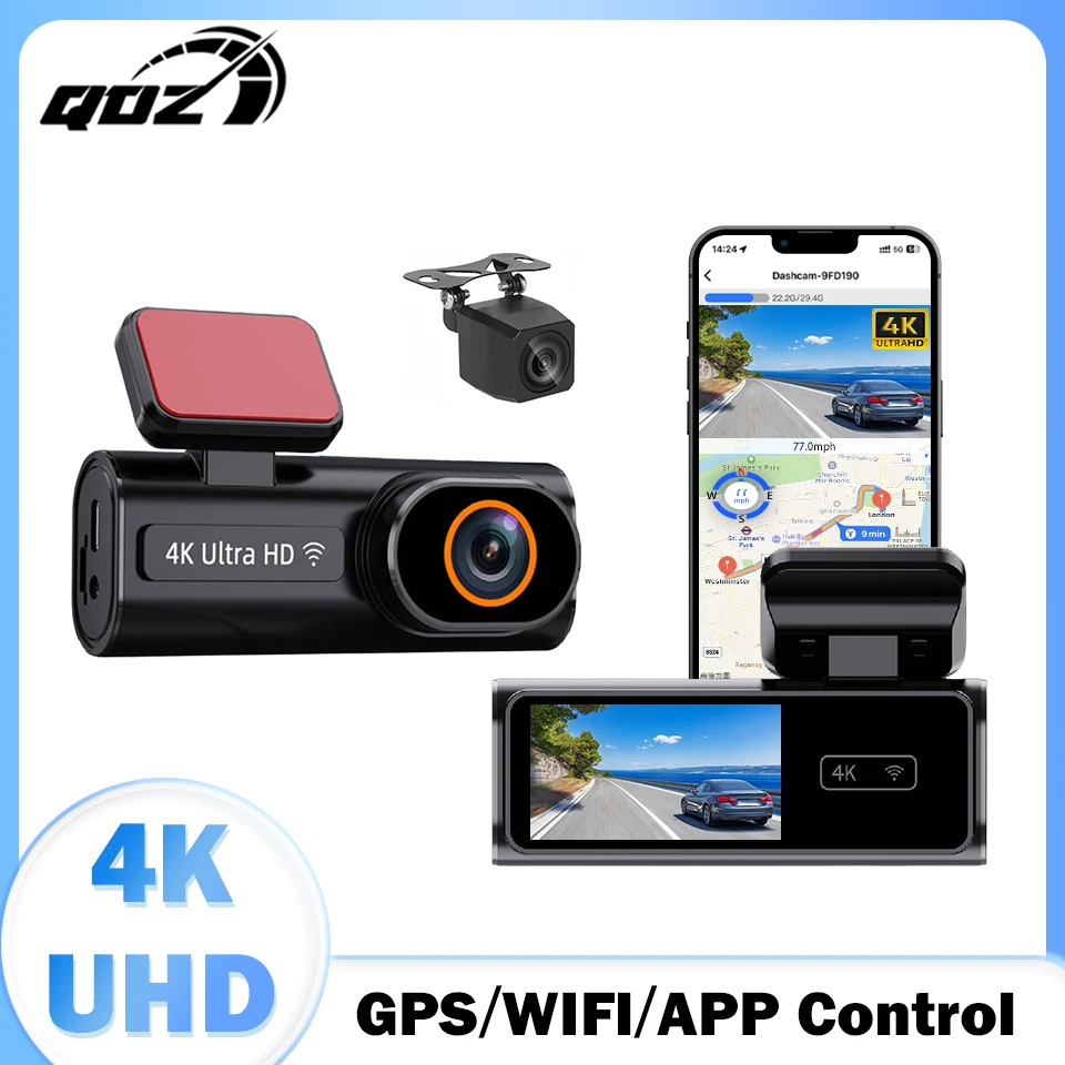 QOZ 4K WIFi Dash Cam GPS Front and Rear Night Vision Video Recorder UHD Camera Car Dvr Dashcam Auto System USB Black Box