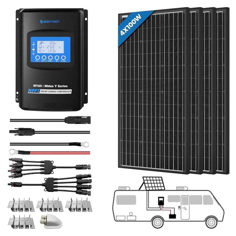 ACOPOWER 400Watt 12 Volt RV Solar Panel Kit 4 * 100W Solar Panels+40A MPPT LCD Charge Controller+Mounting Z Brackets+Adaptor Kit