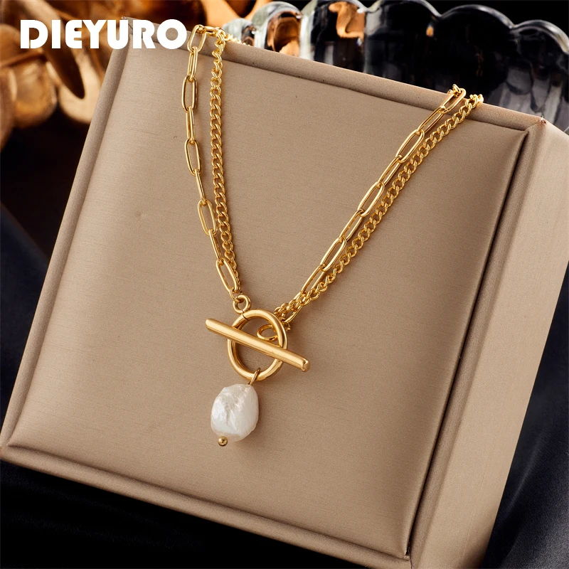 DIEYURO 316L Stainless Steel OT Clasp Large Pearl Pendant Necklace For Women New Girls 2-Layer Chain Jewelry Party Gifts Bijoux