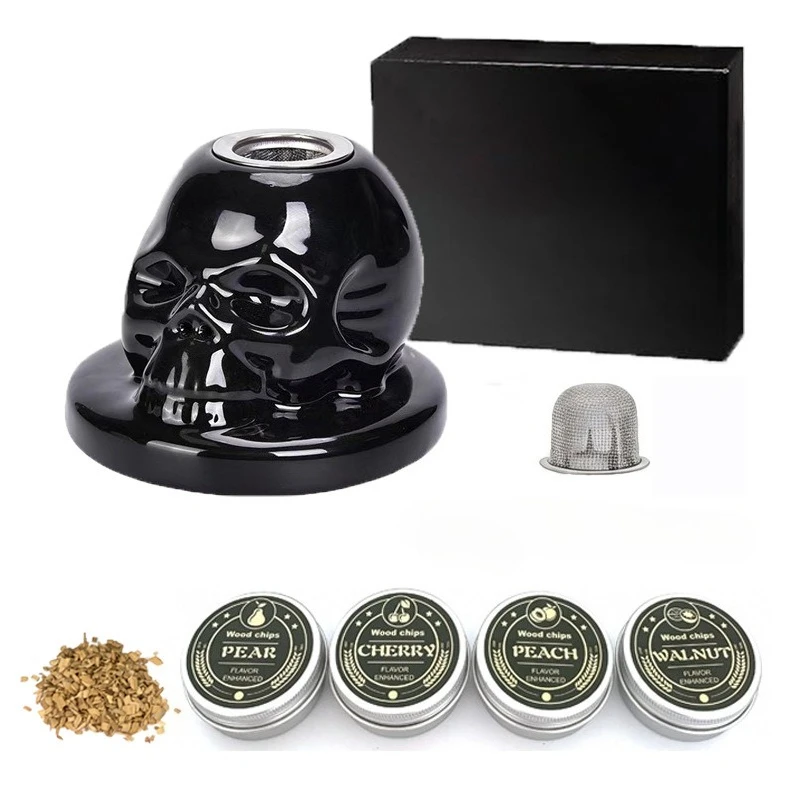 Skull Whiskey Smoker Kit with 6 Flavored Wood Chips, Upgraded Cocktail Infuser for Old Fashioned Bourbon, Home Bar Gift