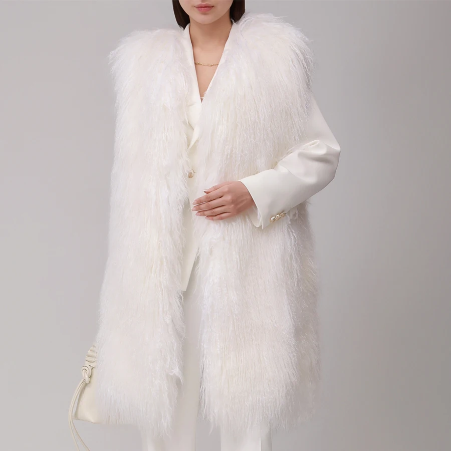 White Sheepskin Fur Coat With Round Collar Genuine Fur Gilet Long Tibetan Lamb Vest Fashionable Natural Fur Coats For Women