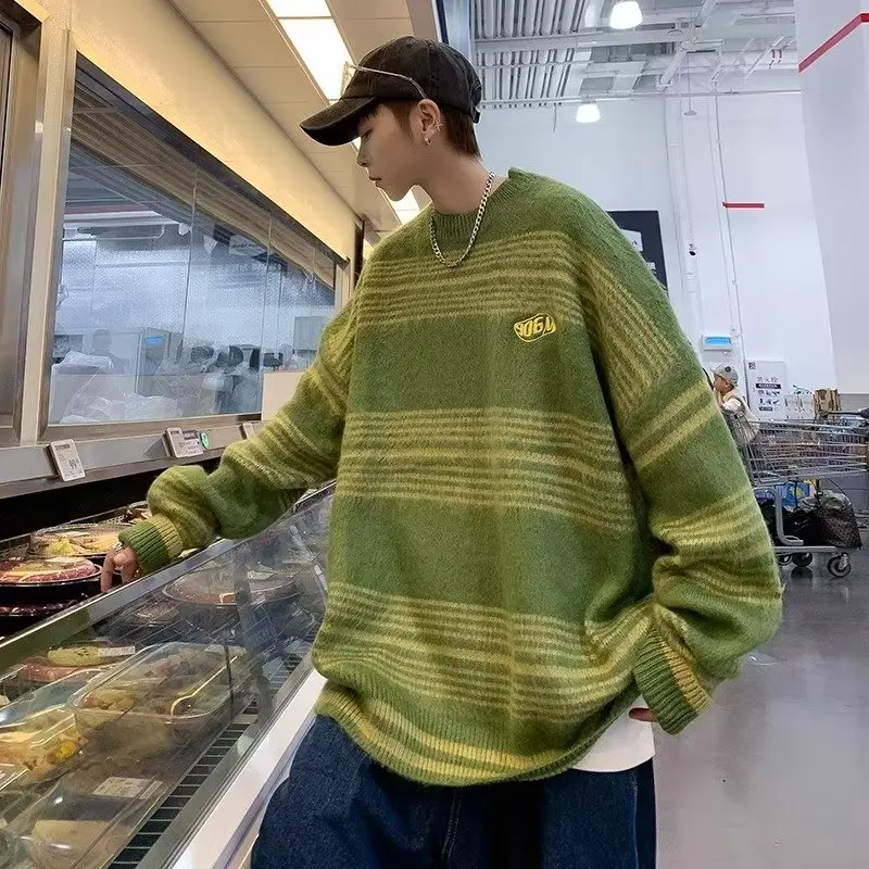 

Retro American Bla White Stripes Knitted Sweater Loose Couple Sle Men's Women's Lazy Sle Autumn Winter New Arrival