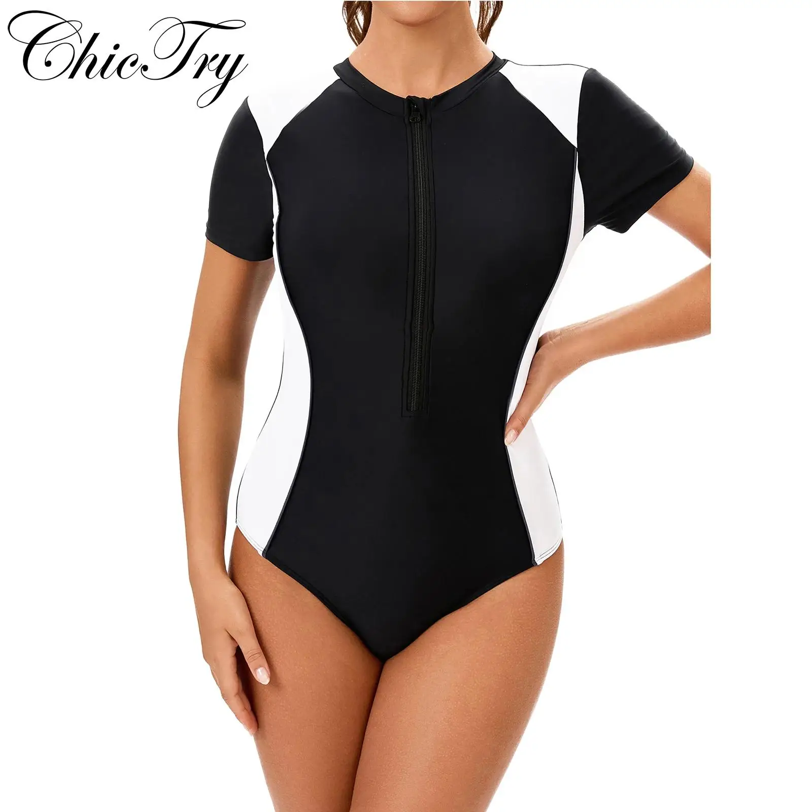 

Womens Swim Leotard Rashguard One-Piece Swimsuit Front Zipper Swimwear Beachwear Surfing Bathing Suit with Removable Chest Pads