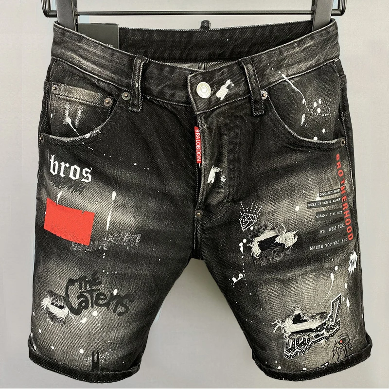 Shorts jeans rasgados para homens, jeans rasgados, calças justas e stretch, 5-1, tinta splash, calças médias, calças de governo, novas, 502