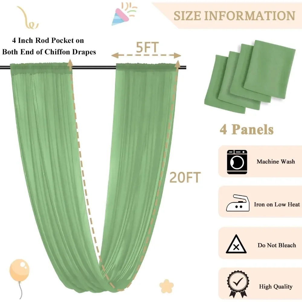 5x20ft Ceiling Drapes for Wedding, Chiffon Swag Curtain, Romantic Tulle Arbor Draping, 4 Panels Ceiling Drapes