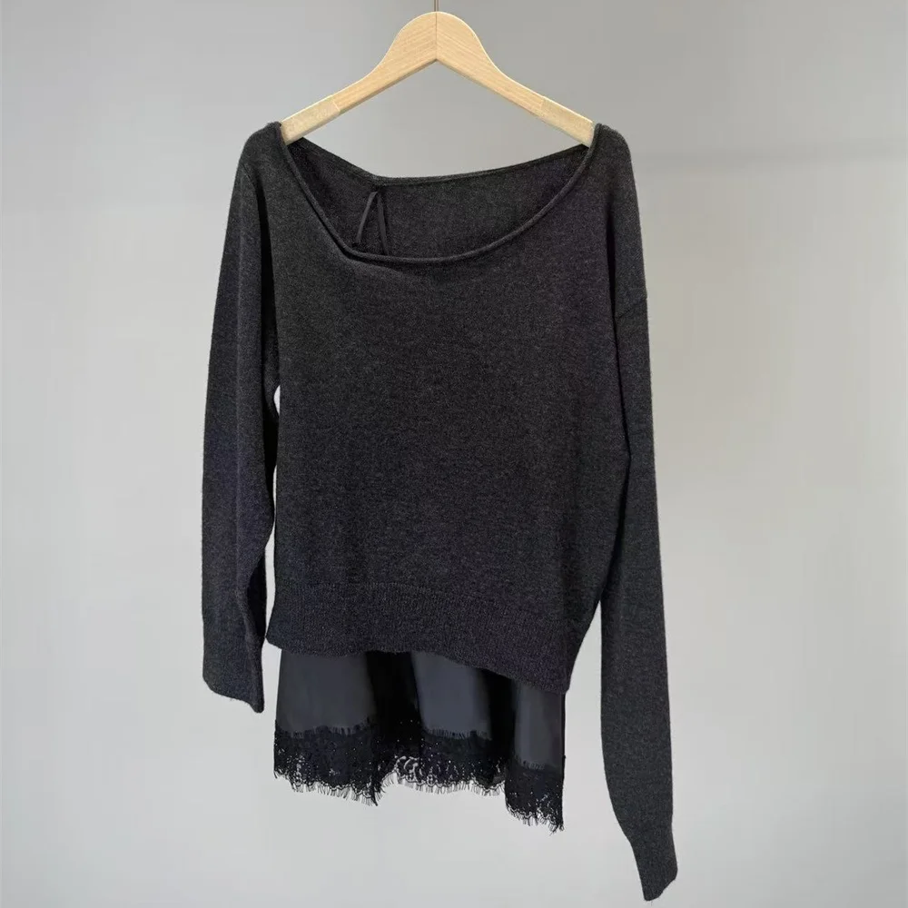 2026 Women’s Fashion: Loose-Fit, Casual, Long-Sleeve Pullover Top – Featuring Knitted and Lace-Paneled Design Y2K Style) bra