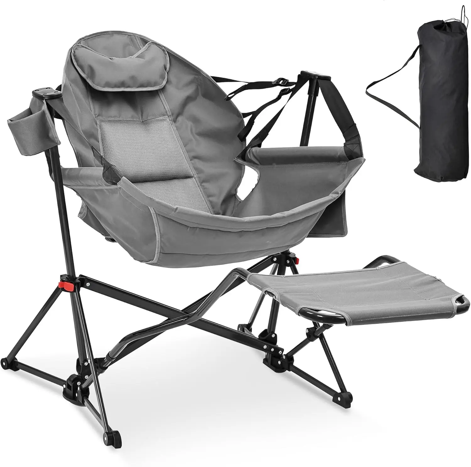 

Foldable Hammock Camping Chair with Footrest, Rocking for Adults, Cup Holder & Pillow, Grey