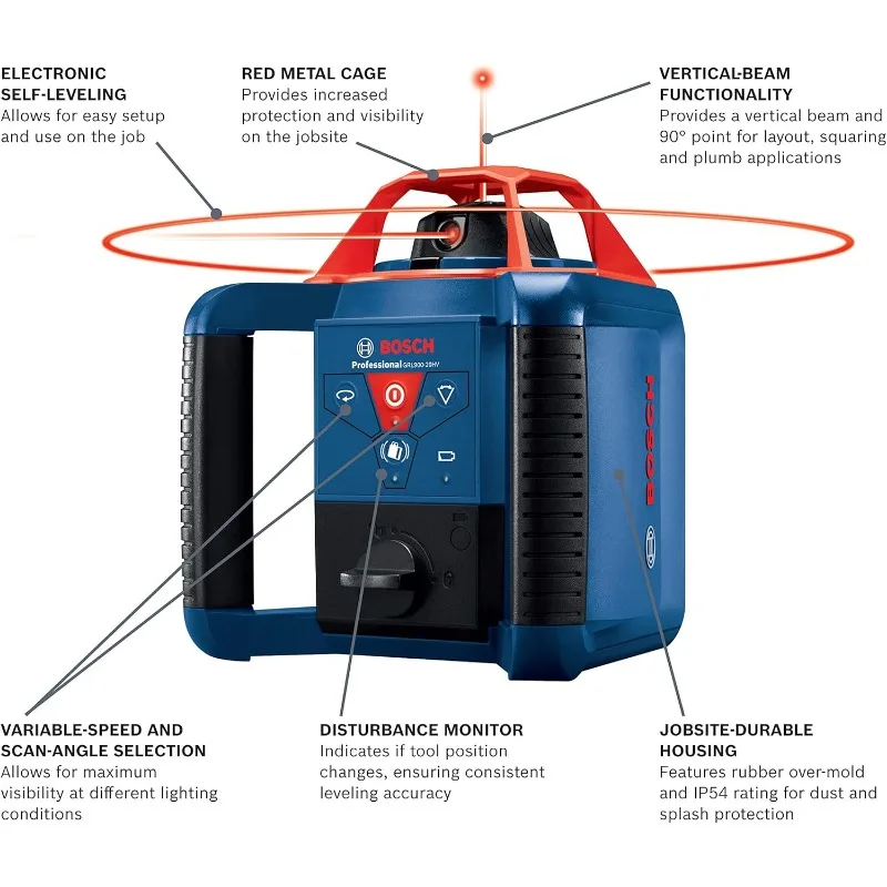 Self-Leveling Horizontal/Vertical Rotary Laser Kit, Includes Tripod, Grade Rod, Receiver, 2 D Batteries, Carrying Case,