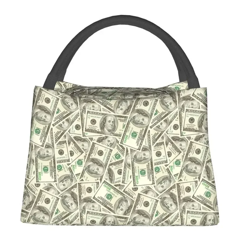 US Dollar Banknotes Insulated Lunch Bag for Women Portable Money Pattern Thermal Cooler Bento Box Beach Camping Travel