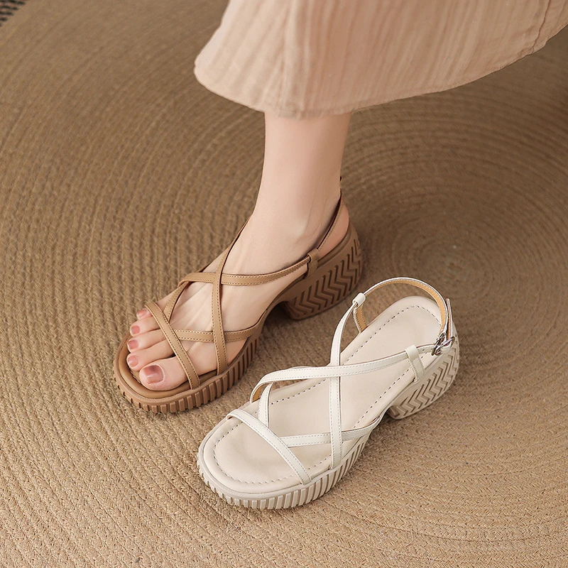 2026 new Spring summer women sandals natural leather plus size 22-25cm sheepskin+microfiber crossed-strap high heel women shoes