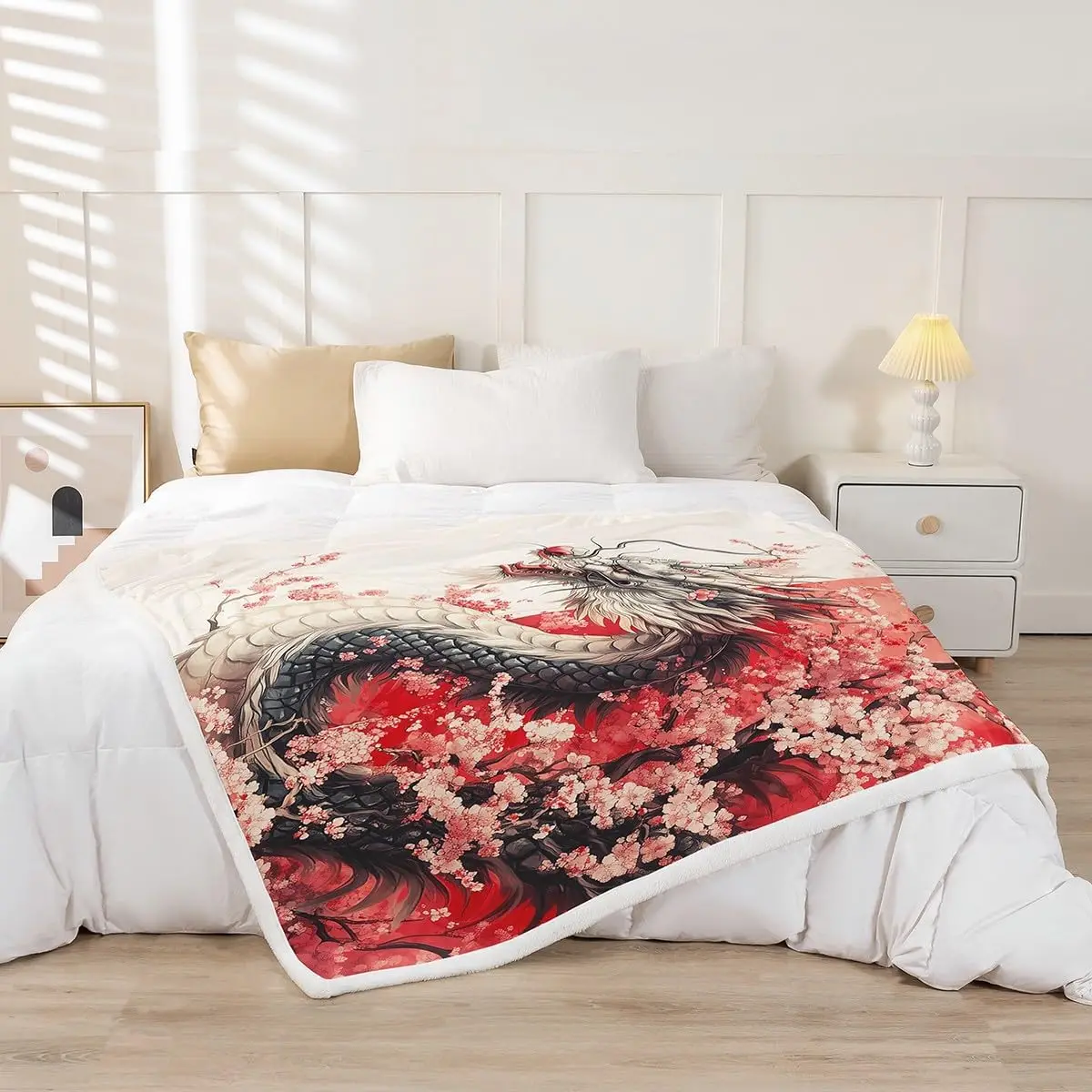 Girls Dragon Fleece Blanket Twin Size, Japanese Style Animal Fuzzy Plush Throw Cherry Blossoms Sakura Sherpa Blanket Ancient