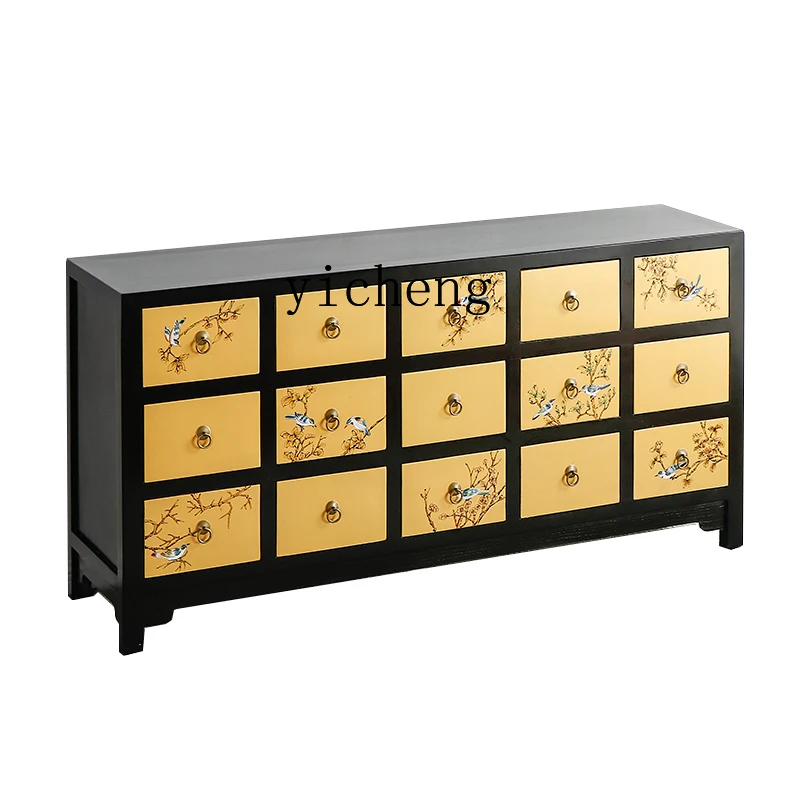 FY2 Solid Wood Hand-painted Sideboard Cabinet Elm Wood Gold Paint Decorative Storage Cabinet Furniture
