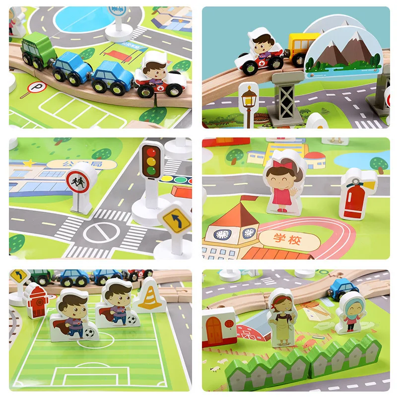 80 stücke Montessori Bildung Holz Puzzle Diy Städtischen Verkehrs Schiene Auto Holz Zusammengesetzte Bausteine Brettspiele Sensorischen Spielzeug Geschenk