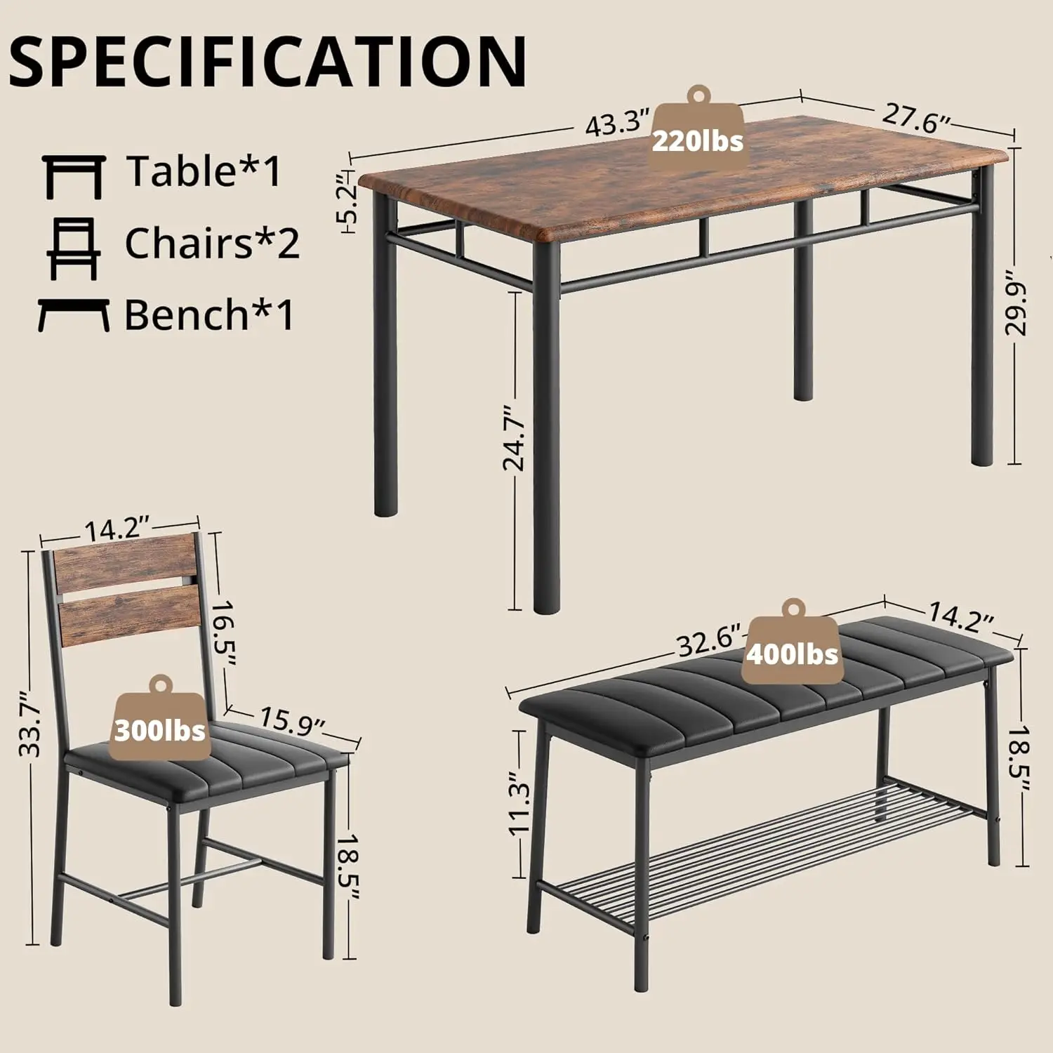 Dining Table Set for 4, Kitchen Table with Upholstered Bench and 2 Chairs, Kitchen Table and Chairs Set for Small Space, Apartme