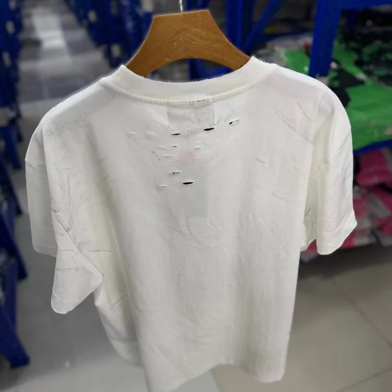 Washed Ripped Destroyed T Shirt SATOSHI Letter Men Loose Fit Casual Tee