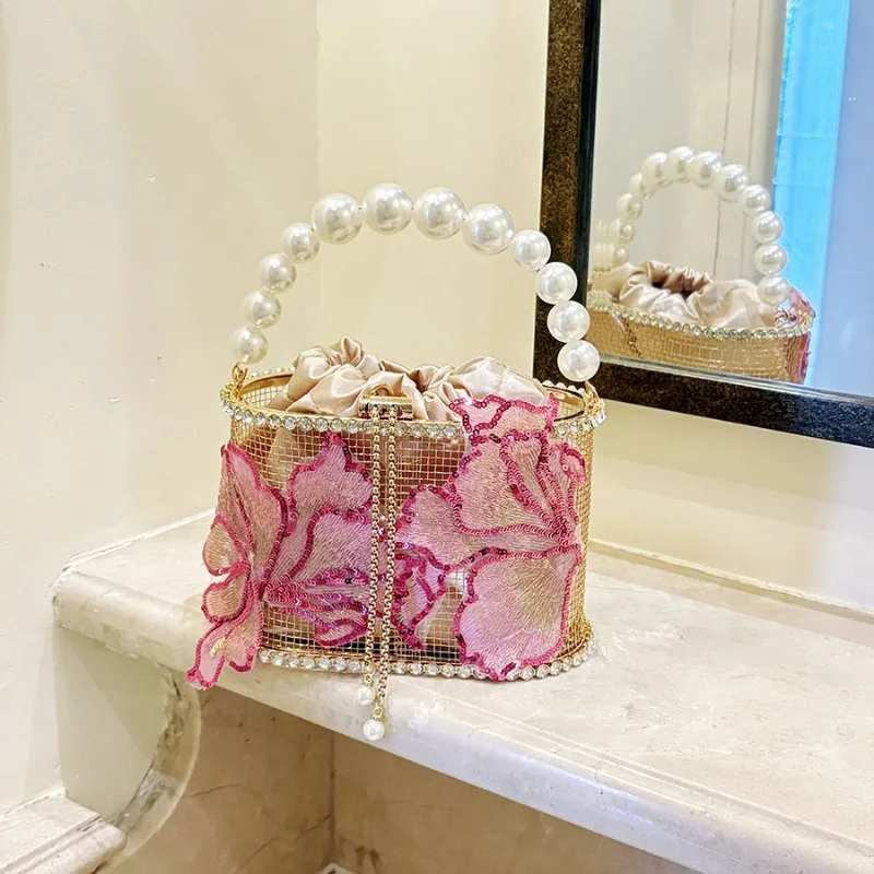 New High-end Banquet Bag Fashionable and High-quality Metal Hollow Out Handbag Pink Cute Multifunctional Drawstring Storage Bag