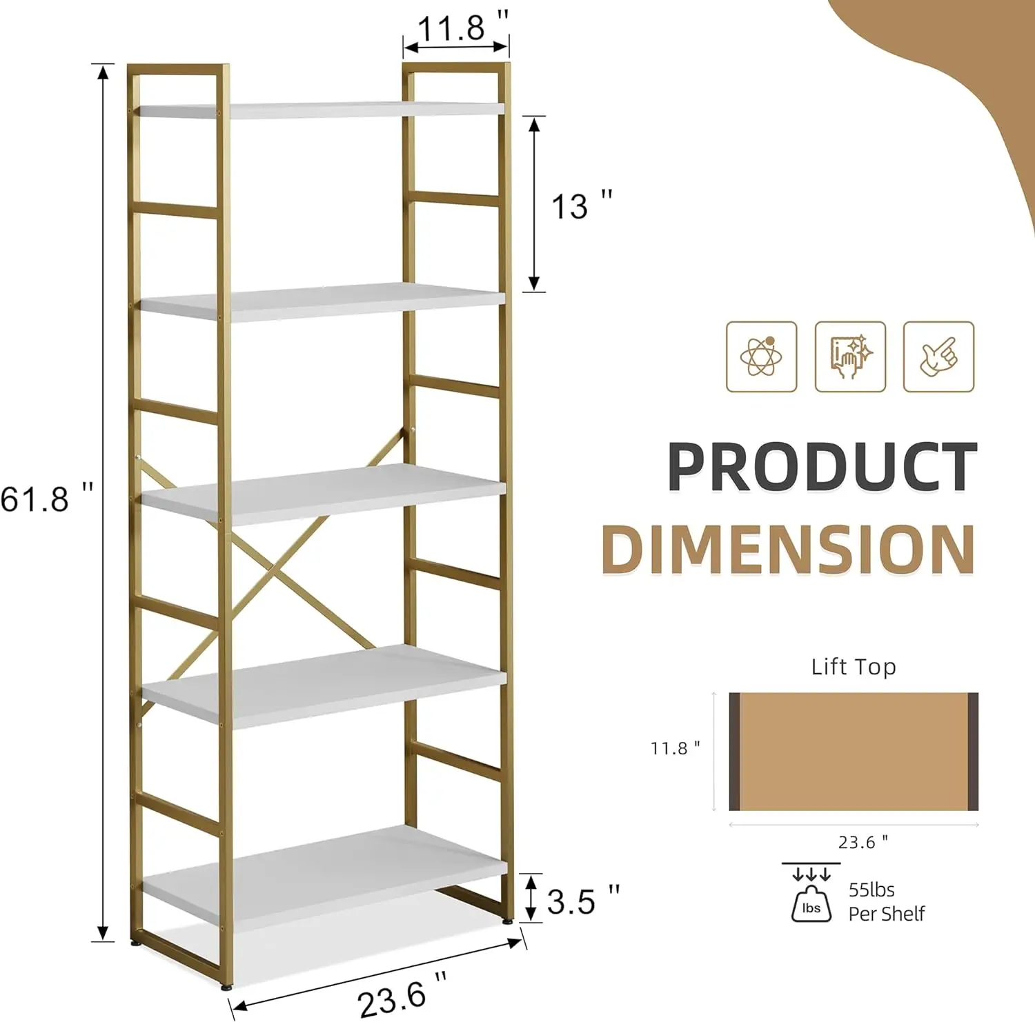 Comfort Corner 5 Tier Bookshelf, Free Standing Bookcase  Wood Open Shelves Frame, Vintage Storage Display Rack for Living Room