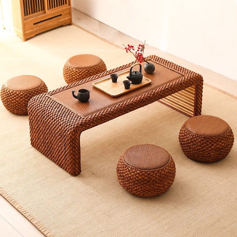 Straw Tea Table Hand-Woven Rattan Top Japanese Style Tatami Center Table for Sitting On The Floor Accent Furniture Home & Office