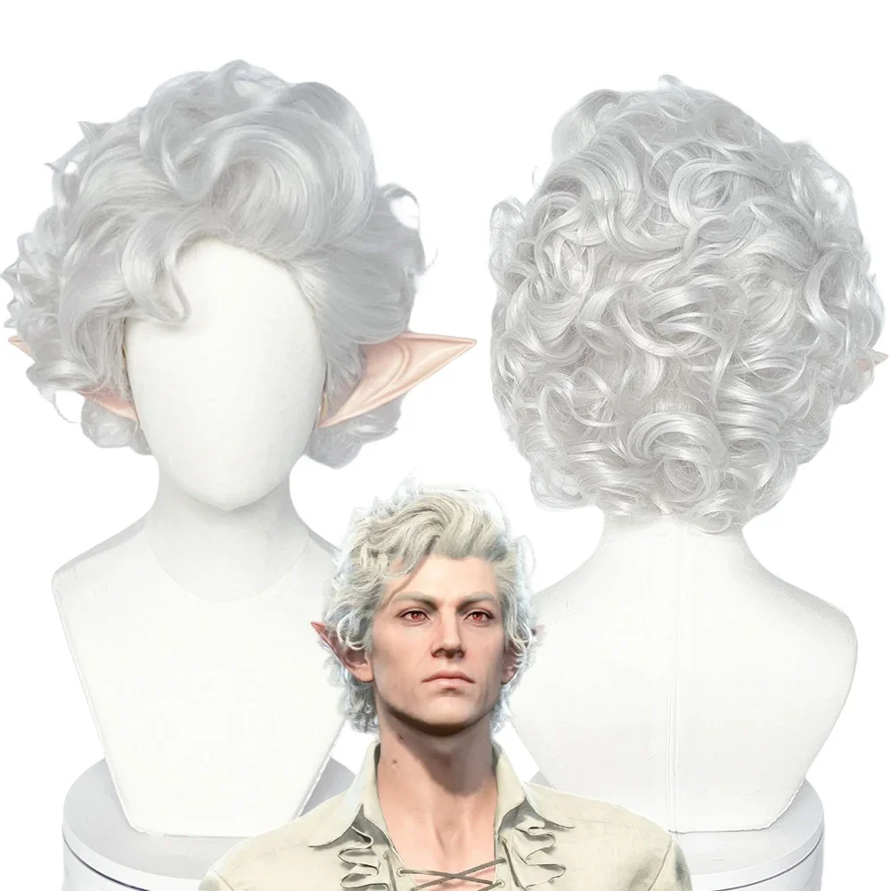 

Astarion Cosplay Wig Baldur's Gate3 Cos Vampire Cosplay Wig Heat Resistant Synthetic Hair Silver Short Curly Wigs with Ears