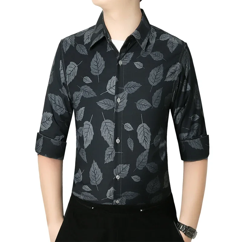New men's micro-stretch long-sleeved shirt, single-breasted lapel printed long-sleeved shirt, Asian size multicolor optional