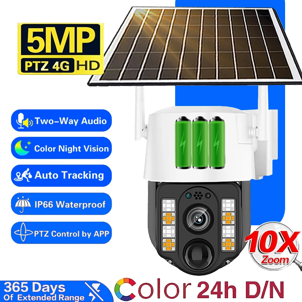 Smart Home Security Protection IP CCTV Video Surveillance, Câmera Solar, 4G Cartão SIM, WiFi, Detecção Humanoid, Noite ao ar livre HD, 5MP