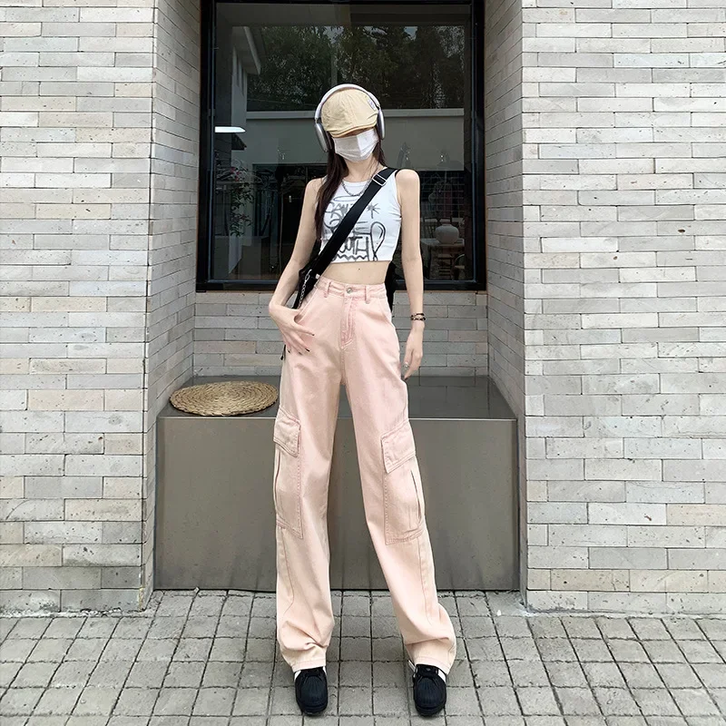 

Korean Fashion Y2k Pink Denim Cargo Pants for Women Harajuku Sweet and Spicy High Waist Straight Tube Loose Wide Leg Pants