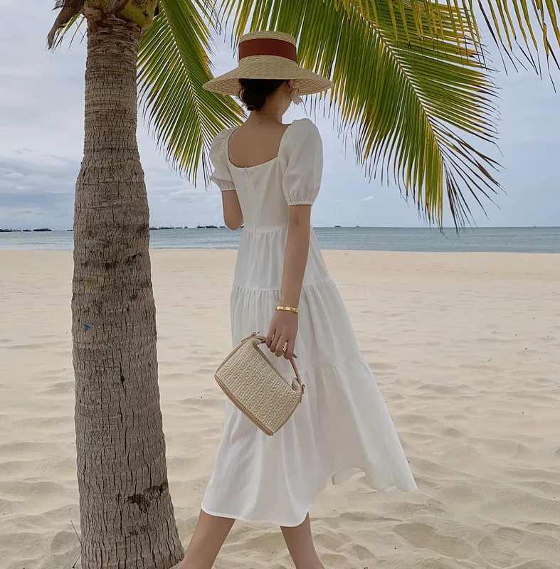 Vestido largo de lino y algodón para mujer, traje blanco con cuello cuadrado, manga abombada y volantes, holgado e informal, estilo Lolita, para vacaciones y playa, 2021