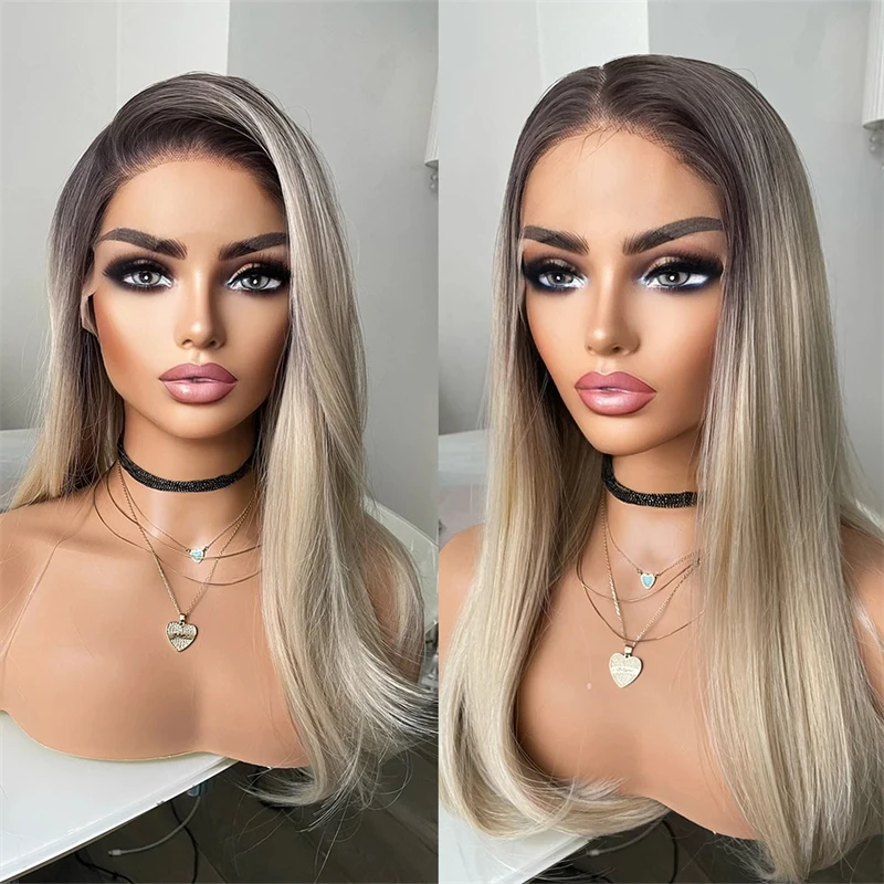 Top Quality Wigs 26 Inches Mixed Blonde Synthetic Lace Front Wig Wig With Dark Roots Realistic Natural Looking Wig Women Gift