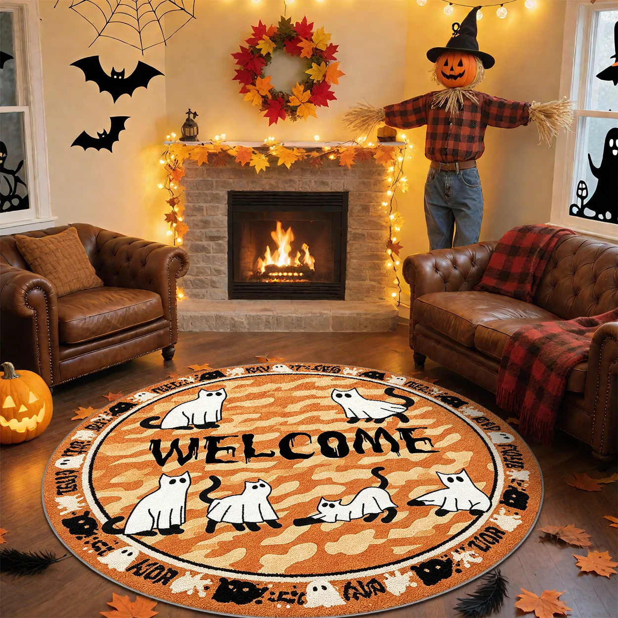 Festive Home Decor Welcome Lettering Carpet Front Door Patio Round Area Rugs Orange Ghost Cats Printed Large Floor Mat